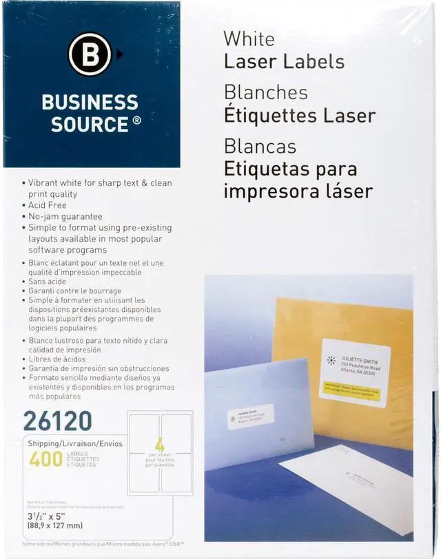 Alt view image 3 of 4 - Business Source Mailing Labels Shipping Laser 3-1/2"x5" 400/PK White 26120