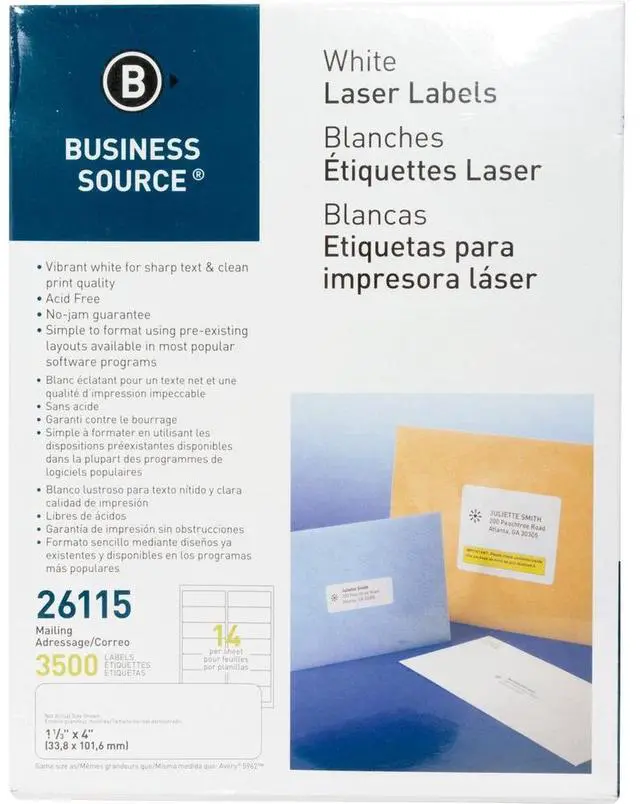 Alt view image 3 of 8 - Business Source Mailing Labels Laser 1-1/3"x4" 3500/PK White 26115