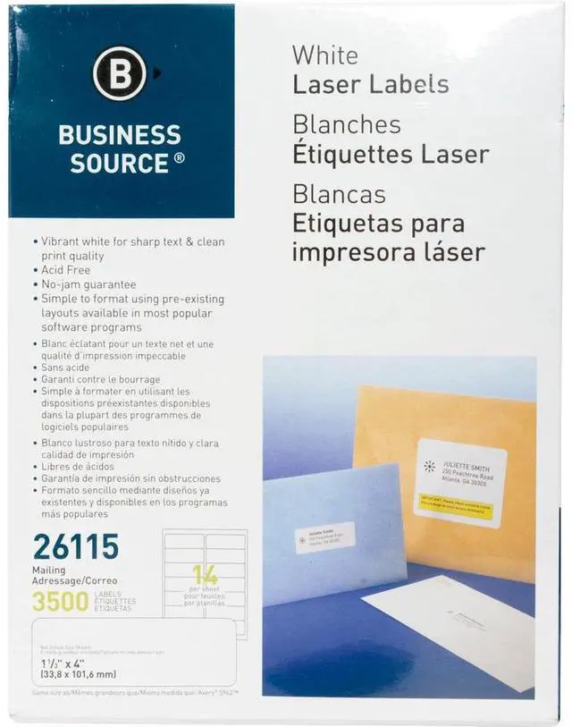 Alt view image 4 of 8 - Business Source Mailing Labels Laser 1-1/3"x4" 3500/PK White 26115