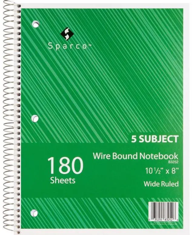 Alt view image 4 of 5 - Sparco Notebooks 5 Subject 10-1/2"x8" Wide Ruled 180 Sht AST 83252