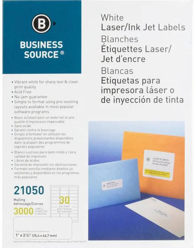 Alt view image 3 of 11 - Business Source Mailing Label Laser 1"x2-5/8" 3000/PK White 21050