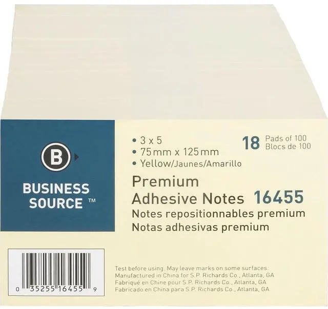 Alt view image 3 of 5 - Business Source Adhesive Note Pads Plain 3"x5" 100 Sht/PD 18/PK Yellow 16455