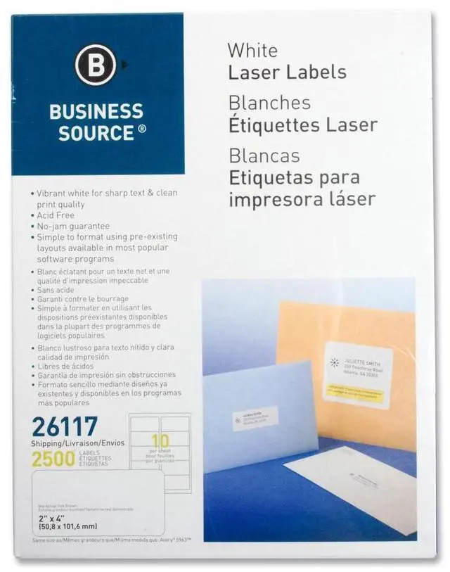 Alt view image 6 of 8 - Business Source Mailing Labels Shipping Laser 2"x4" 2500/PK White 26117