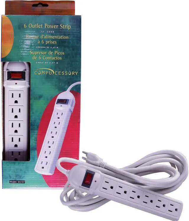 Alt view image 5 of 7 - Power Strip,6 Outlet,Built-in Circuit Breaker,15' Cord,Gray CCS55157
