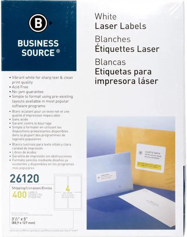 Alt view image 2 of 4 - Business Source Mailing Labels Shipping Laser 3-1/2"x5" 400/PK White 26120
