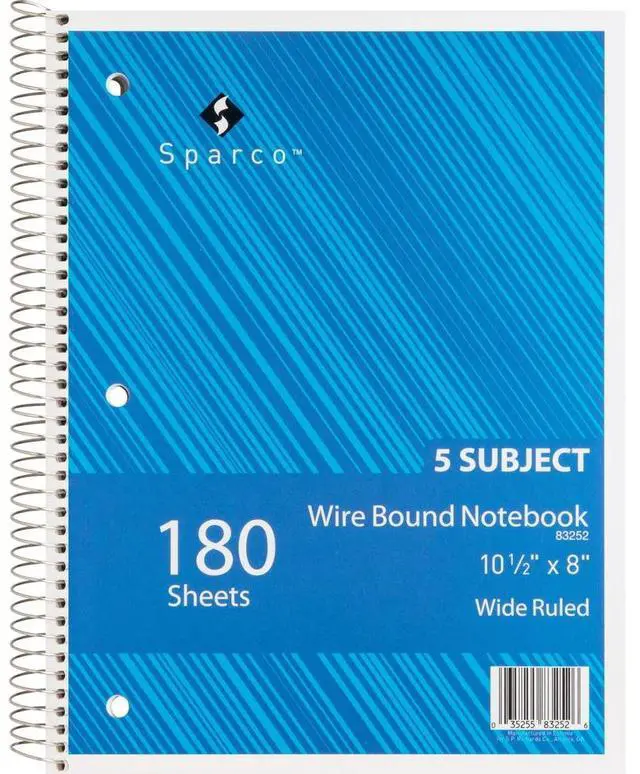 Alt view image 3 of 5 - Sparco Notebooks 5 Subject 10-1/2"x8" Wide Ruled 180 Sht AST 83252