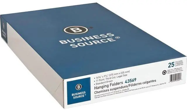 Alt view image 5 of 8 - Business Source Hanging File Folder Legal 11 Pt. 1/3 Cut 25/BX Green 43569