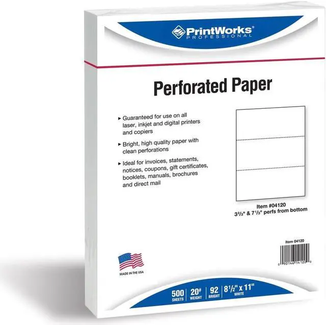 Alt view image 4 of 7 - 8-1/2'' x 11" Laser Cut Sheet, 20# White Stock, 2 Horizontal Perforations 3-2/3" and 7-1/3" from Bottom (Carton of 2500)