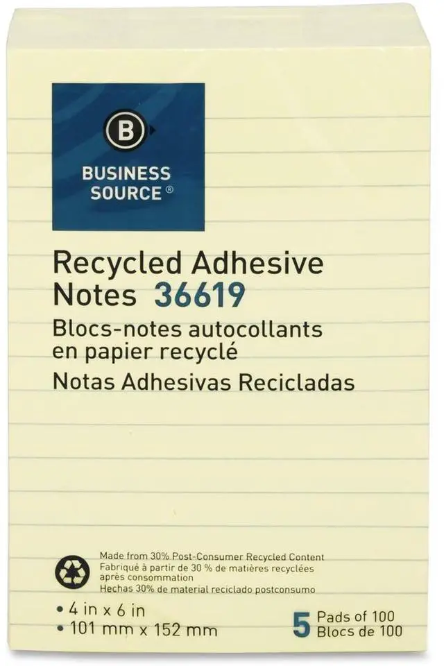 Alt view image 8 of 13 - Business Source Recycled Adhesive Note Pads Lined 4"x6" 5/PK Yellow 36619