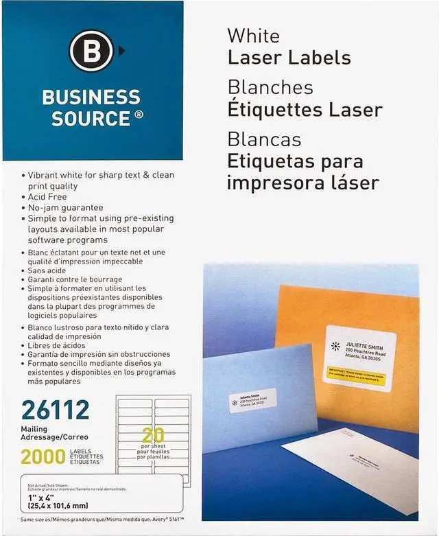 Alt view image 5 of 9 - Business Source Mailing Labels Laser 1"x4" 2000/PK White 26112