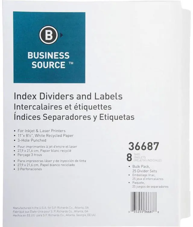 Alt view image 2 of 6 - Business Source Index Dividers 3HP 8-Tab 25 ST/PK 11"x8-1/2" White 36687