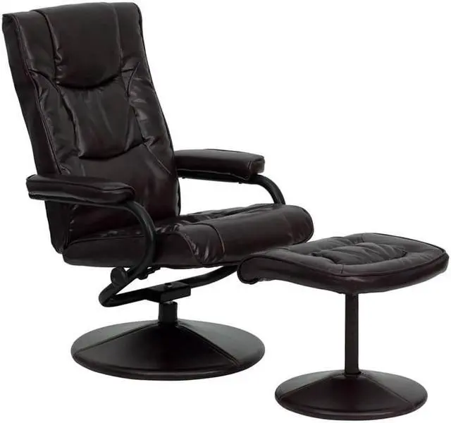 Alt view image 9 of 20 - Contemporary Brown Leather Recliner and Ottoman with Leather Wrapped Base