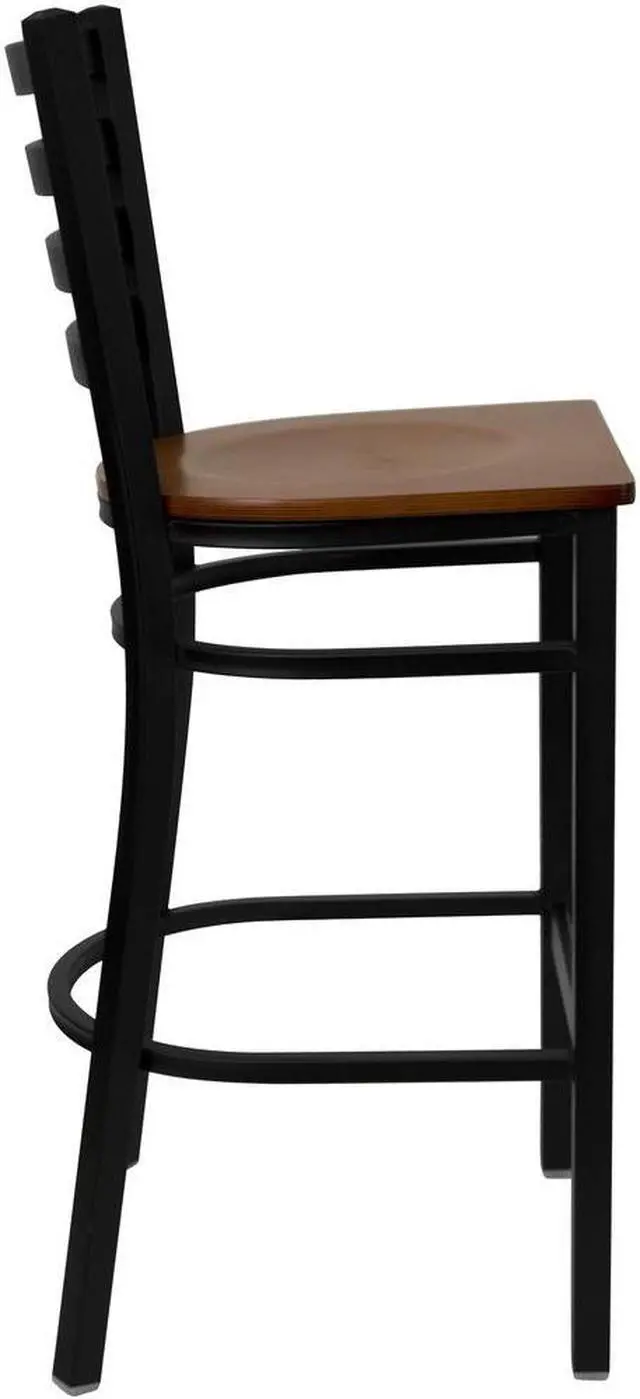 Alt view image 12 of 20 - HERCULES Series Black Ladder Back Metal Restaurant Barstool - Cherry Wood Seat