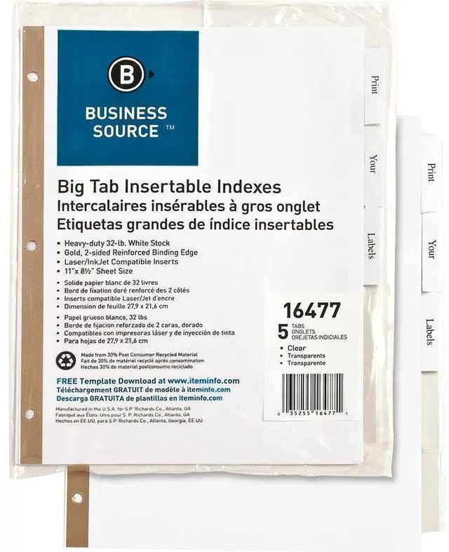Alt view image 4 of 6 - Business Source Index Dividers 5-Tab 11"x8-1/2" White Stock/Clear Tabs 16477