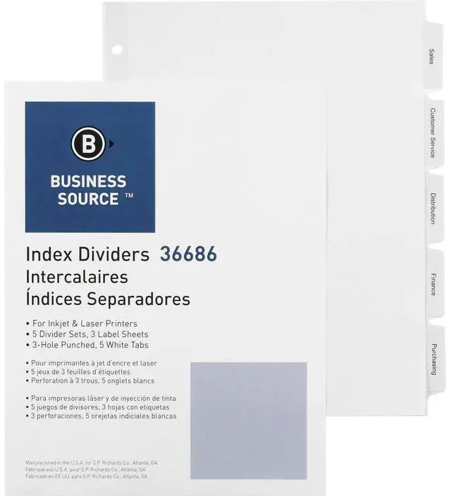Alt view image 2 of 4 - Business Source Index Dividers 3HP 5-Tab 5 ST/PK 11"x8-1/2" White 36686