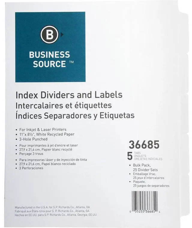 Alt view image 3 of 8 - Business Source Index Dividers 3HP 5-Tab 25 ST/PK 11"x8-1/2" White 36685