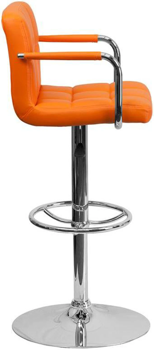 Alt view image 10 of 20 - Contemporary Orange Quilted Vinyl Adjustable Height Barstool with Arms and Chrome Base
