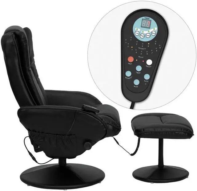 Alt view image 15 of 20 - Massaging Multi-Position Plush Recliner with Side Pocket and Ottoman in Black LeatherSoft