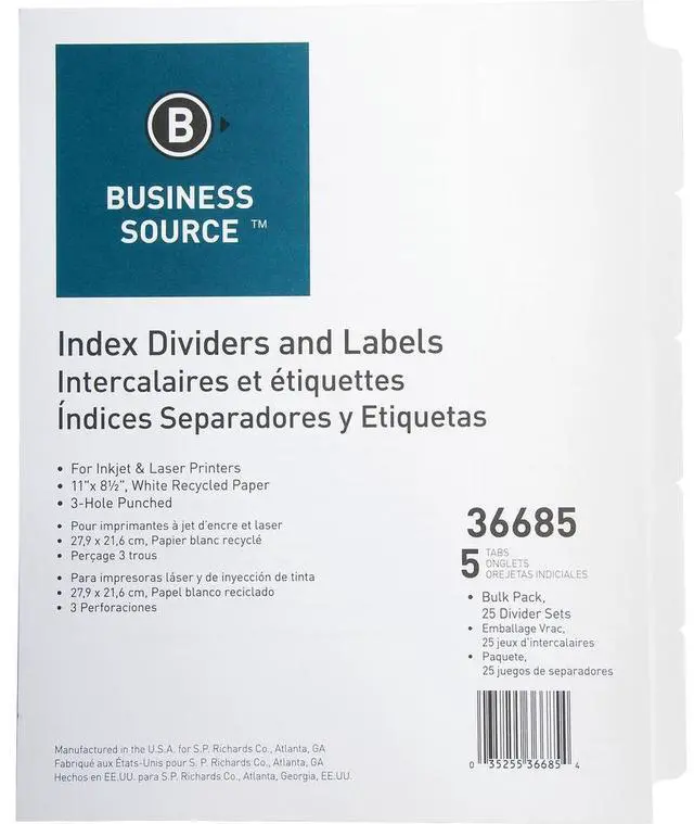 Alt view image 4 of 8 - Business Source Index Dividers 3HP 5-Tab 25 ST/PK 11"x8-1/2" White 36685