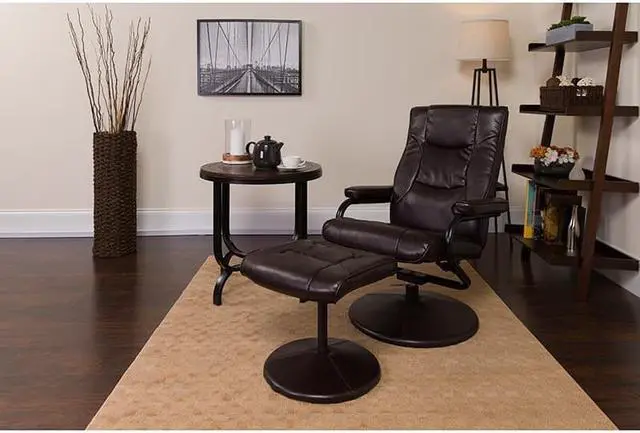 Alt view image 10 of 20 - Contemporary Brown Leather Recliner and Ottoman with Leather Wrapped Base
