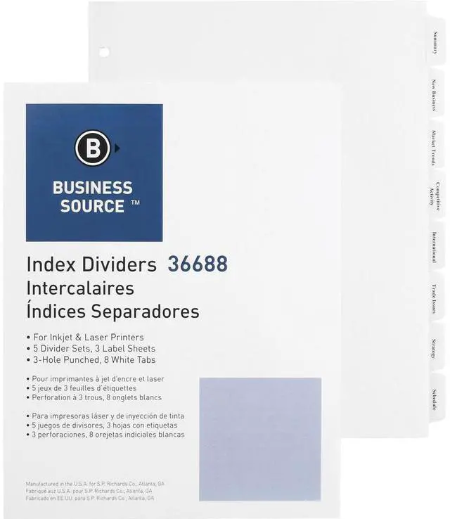 Alt view image 2 of 6 - Business Source Index Dividers 3HP 8-Tab 5 ST/PK 11"x8-1/2" White 36688