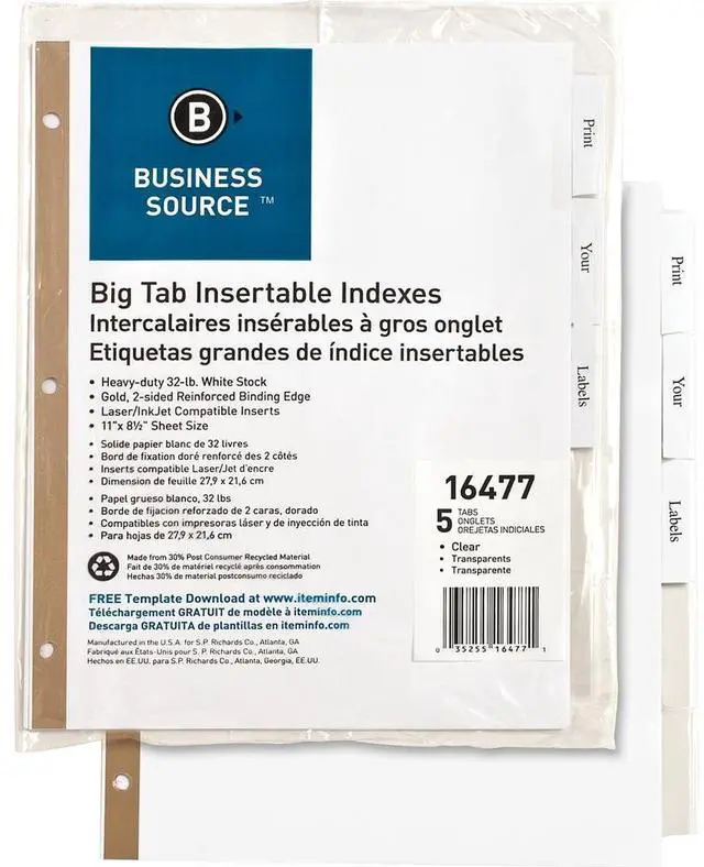 Alt view image 5 of 6 - Business Source Index Dividers 5-Tab 11"x8-1/2" White Stock/Clear Tabs 16477