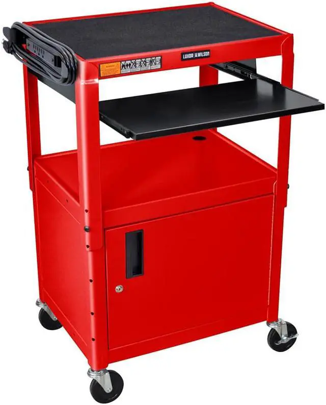 Alt view image 6 of 7 - Red 24W X 18D X 24 42H Steel Adjustable Height AV Cart  with Cabinet and Pullout Tray and Drop Leaf