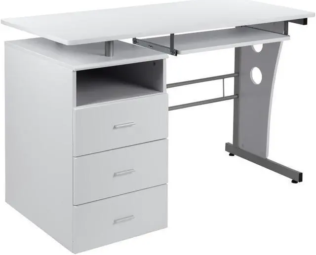 Alt view image 16 of 20 - White Desk with Three Drawer Pedestal and Pull-Out Keyboard Tray