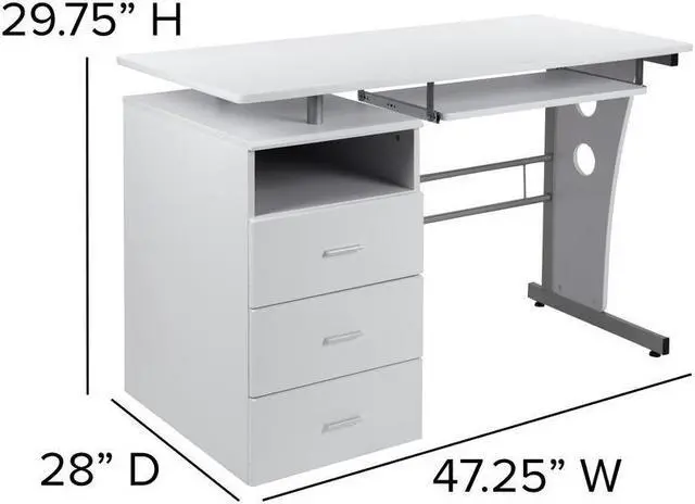 Alt view image 19 of 20 - White Desk with Three Drawer Pedestal and Pull-Out Keyboard Tray