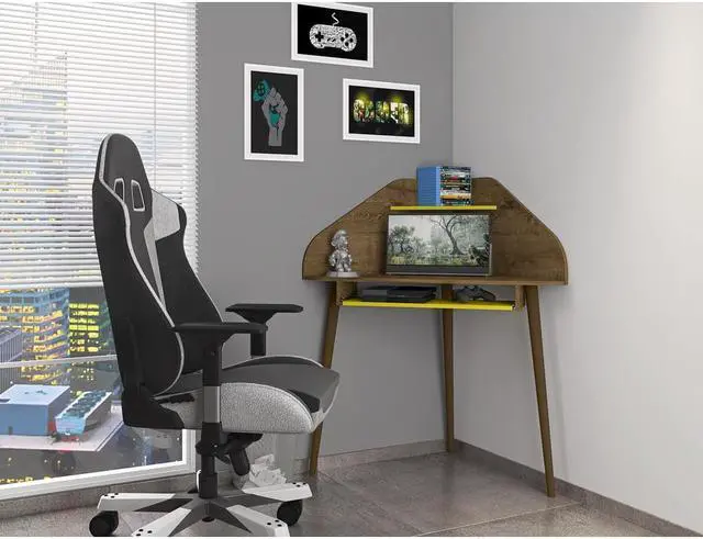 Alt view image 3 of 18 - Bradley Corner Desk with Keyboard Shelf in Rustic Brown and Yellow