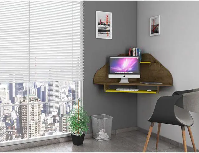 Alt view image 2 of 18 - Bradley Floating Corner Desk with Keyboard Shelf in Rustic Brown and Yellow