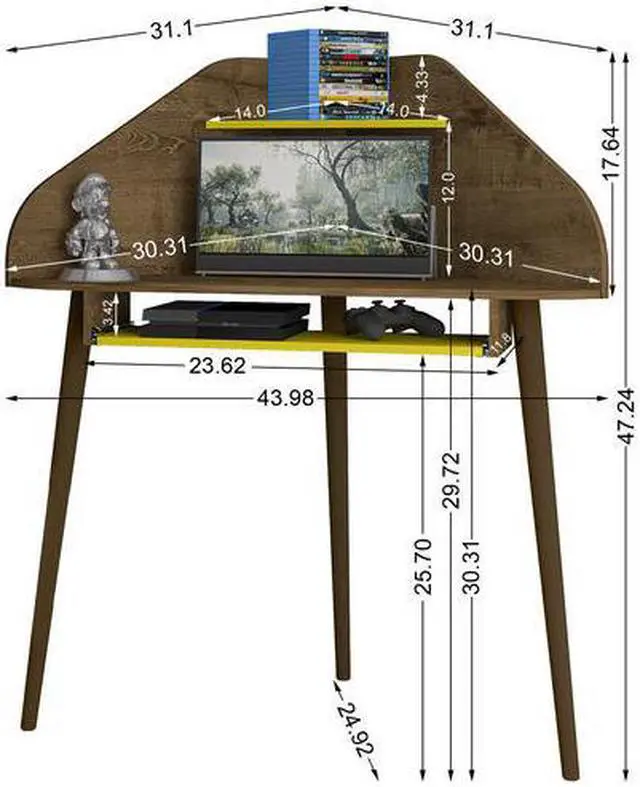 Alt view image 3 of 18 - Bradley Floating Corner Desk with Keyboard Shelf in Rustic Brown and Yellow