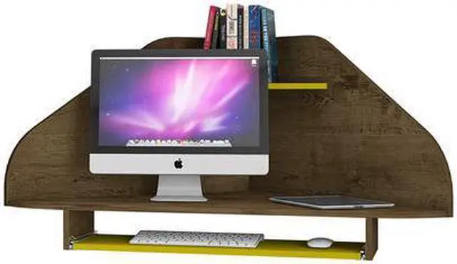 Alt view image 4 of 18 - Bradley Floating Corner Desk with Keyboard Shelf in Rustic Brown and Yellow