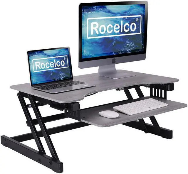 Alt view image 9 of 19 - Rocelco 32" Height Adjustable Standing Desk Converter - Quick Sit Stand Up Dual Monitor Riser - Gas Spring Assist Tabletop Computer Workstation - Large Retractable Keyboard Tray - GREY (ADR-GR)