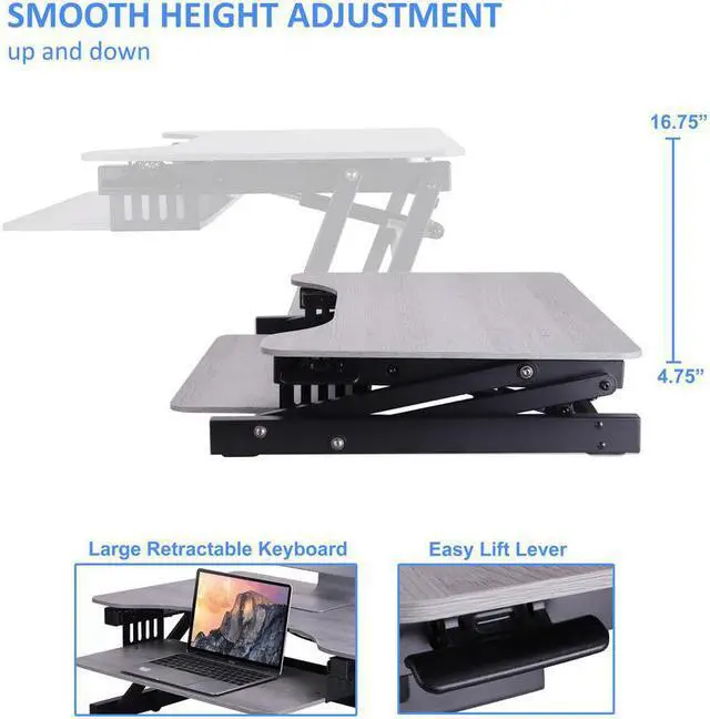 Alt view image 10 of 19 - Rocelco 32" Height Adjustable Standing Desk Converter - Quick Sit Stand Up Dual Monitor Riser - Gas Spring Assist Tabletop Computer Workstation - Large Retractable Keyboard Tray - GREY (ADR-GR)