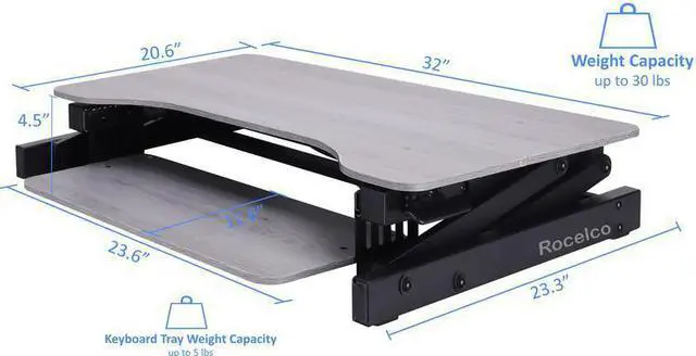 Alt view image 11 of 19 - Rocelco 32" Height Adjustable Standing Desk Converter - Quick Sit Stand Up Dual Monitor Riser - Gas Spring Assist Tabletop Computer Workstation - Large Retractable Keyboard Tray - GREY (ADR-GR)