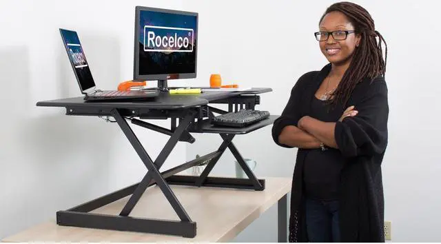 Alt view image 9 of 17 - Rocelco Deluxe 46" wide Height Adjustable Standing Desk Riser with Extended Vertical Range (Black)