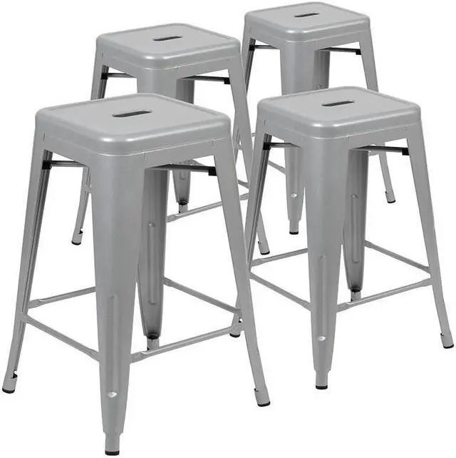 Alt view image 15 of 20 - 24" High Metal Counter-Height, Indoor Bar Stool in Silver - Stackable Set of 4