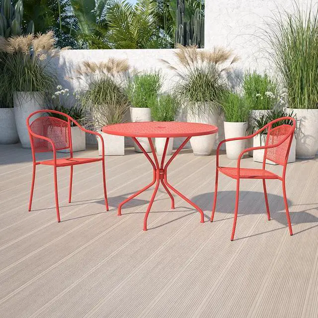 Alt view image 9 of 20 - Flash Furniture Oia Commercial Grade Round Indoor-Outdoor Steel Patio Table with Umbrella Hole Coral (CO7RED)