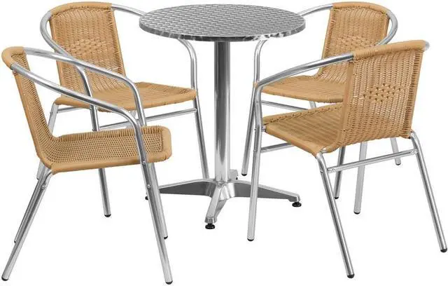 Alt view image 7 of 20 - 23.5'' Round Aluminum Indoor-Outdoor Table Set with 4 Beige Rattan Chairs