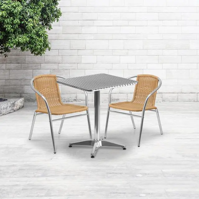 Alt view image 6 of 15 - 23.5'' Square Aluminum Indoor-Outdoor Table Set with 2 Beige Rattan Chairs