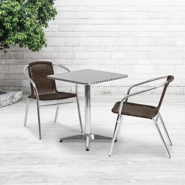 Alt view image 7 of 16 - 23.5'' Square Aluminum Indoor-Outdoor Table Set with 2 Dark Brown Rattan Chairs