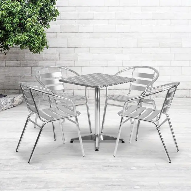 Alt view image 13 of 20 - 23.5'' Square Aluminum Indoor-Outdoor Table Set with 4 Slat Back Chairs