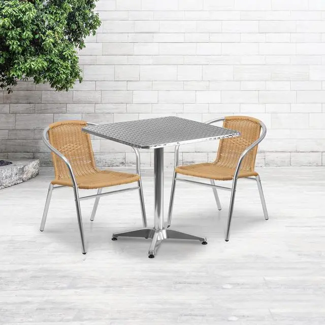 Alt view image 10 of 19 - 27.5'' Square Aluminum Indoor-Outdoor Table Set with 2 Beige Rattan Chairs