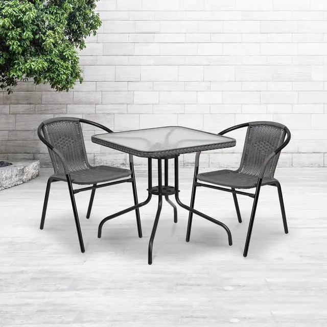 Alt view image 19 of 20 - 28'' Square Tempered Glass Metal Table with Gray Rattan Edging
