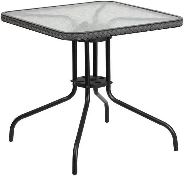 Alt view image 20 of 20 - 28'' Square Tempered Glass Metal Table with Gray Rattan Edging