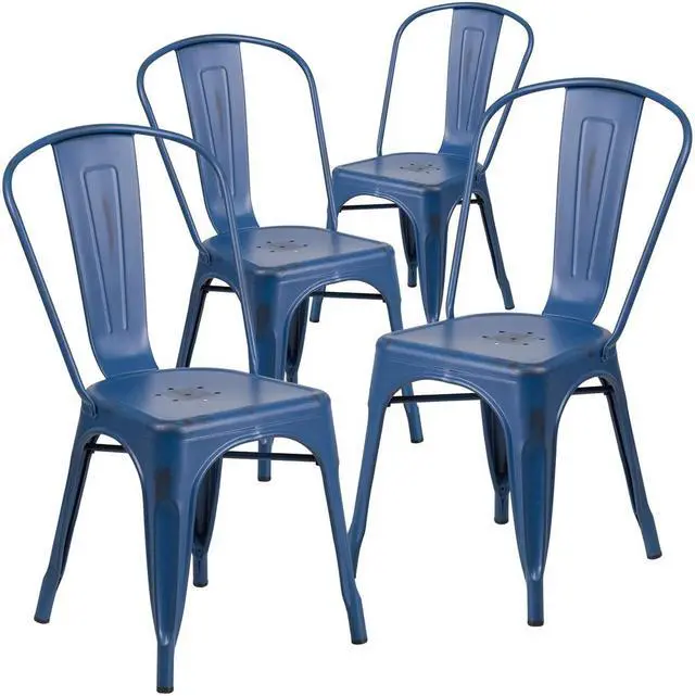 Main image of 4 Pk. Distressed Antique Blue Metal Indoor-Outdoor Stackable Chair