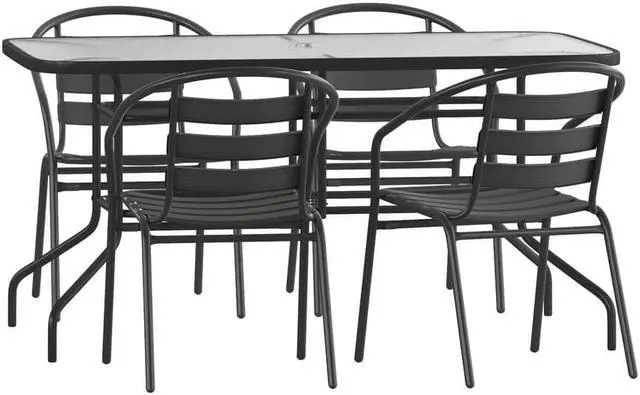 Alt view image 8 of 20 - 5 Piece Outdoor Patio Dining Set - 55" Tempered Glass Patio Table with Umbrella Hole, 4 Black Metal Aluminum Slat Stack Chairs