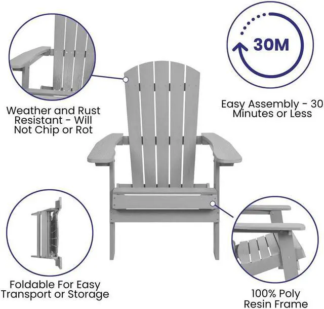 Alt view image 14 of 20 - Charlestown All-Weather Poly Resin Indoor/Outdoor Folding Adirondack Chair in Gray