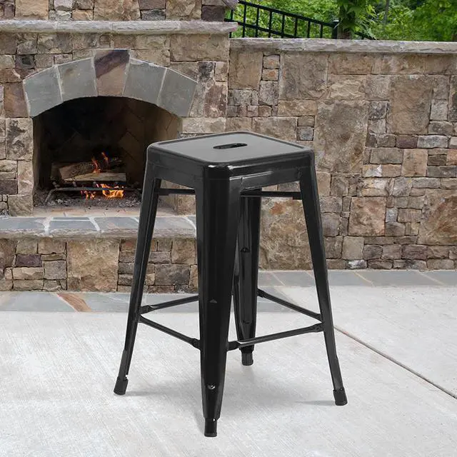 Alt view image 15 of 20 - 24'' High Backless Black Metal Indoor-Outdoor Counter Height Stool with Square Seat